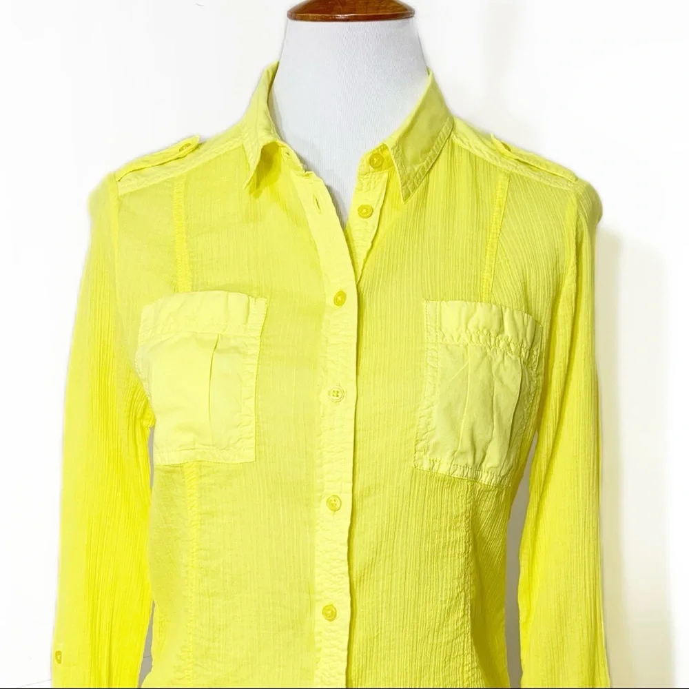 SOLD-Anthropologie Crinkle Roll Sleeve Bright Yellow Buttondown Top - Picture 2 of 9